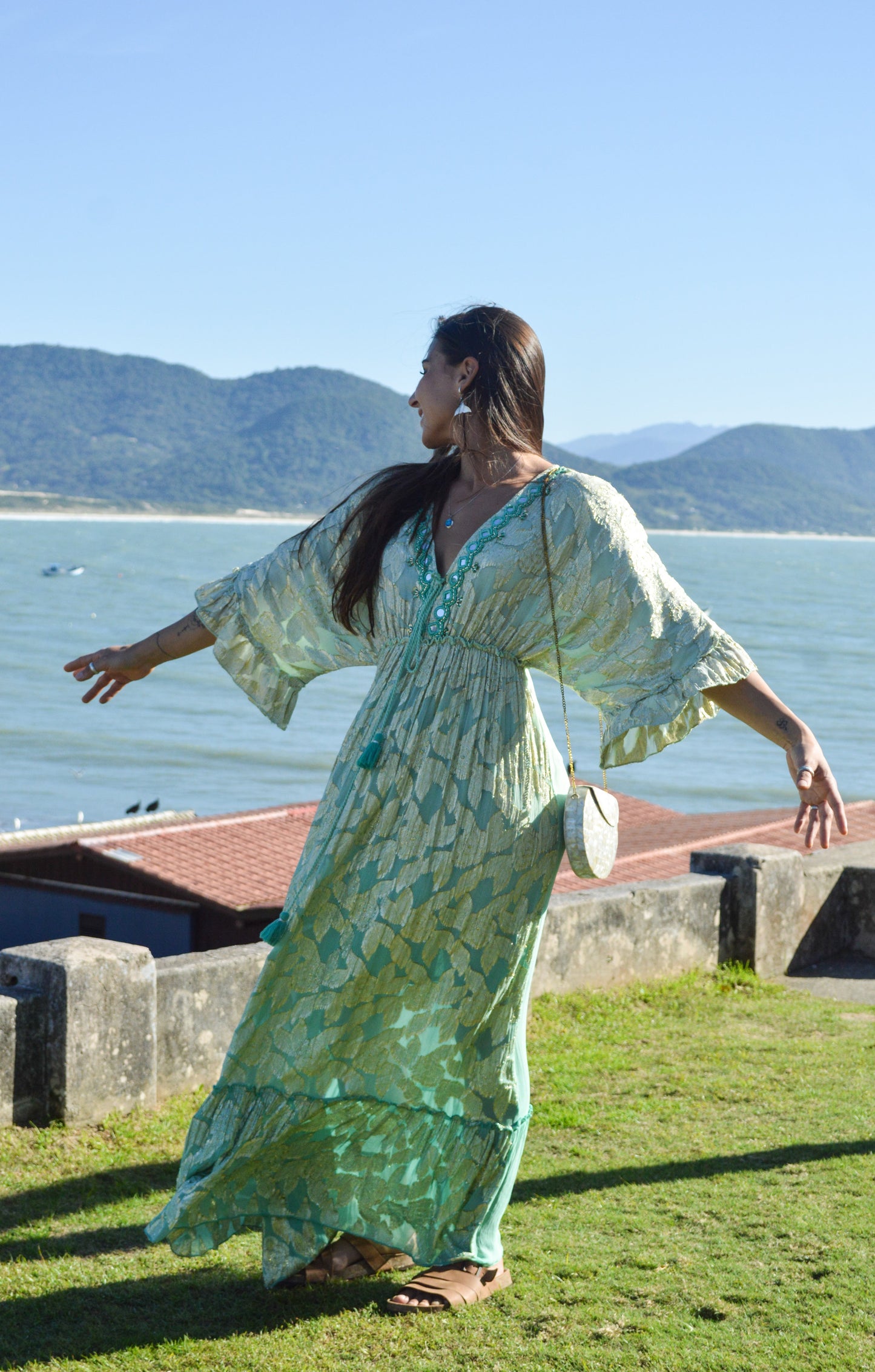 Vestido Longo Indiano Verde Água com Dourado