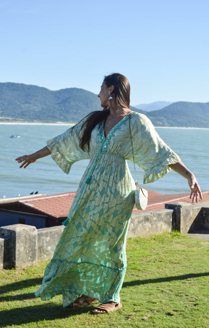 Vestido Longo Indiano Verde Água com Dourado