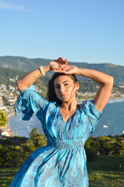 Vestido Indiano Longo Manga Flare