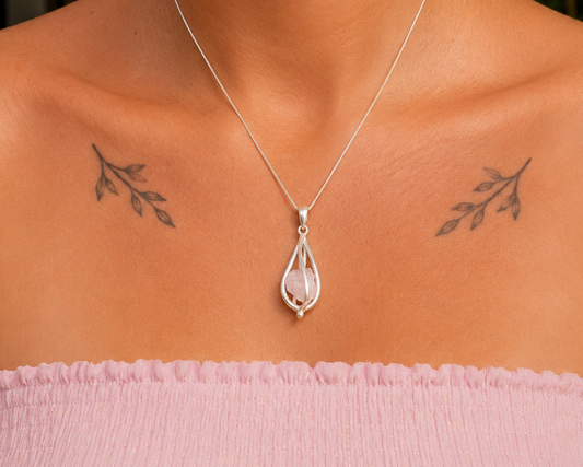 Pingente de Quartzo Rosa Natural em Prata 925