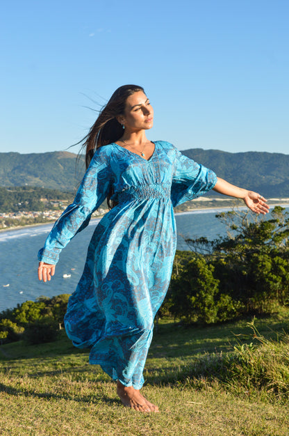 Vestido Indiano Longo Manga Flare