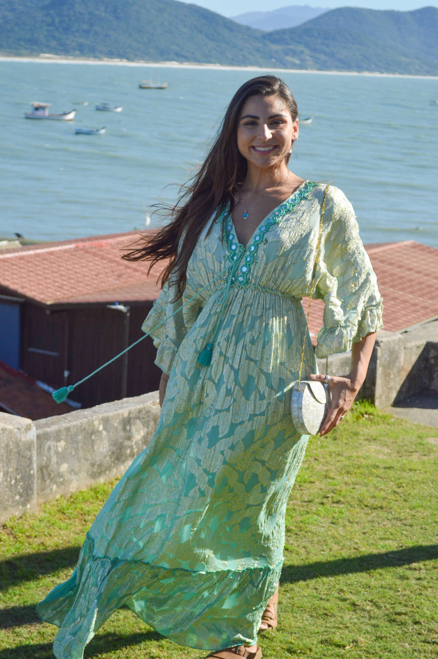 Vestido Longo Indiano Verde Água com Dourado