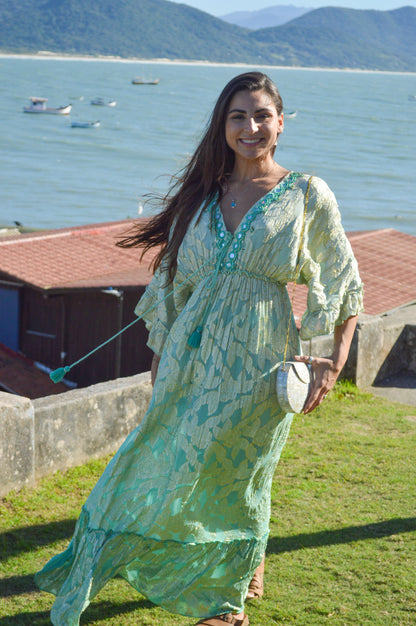 Vestido Longo Indiano Verde Água com Dourado