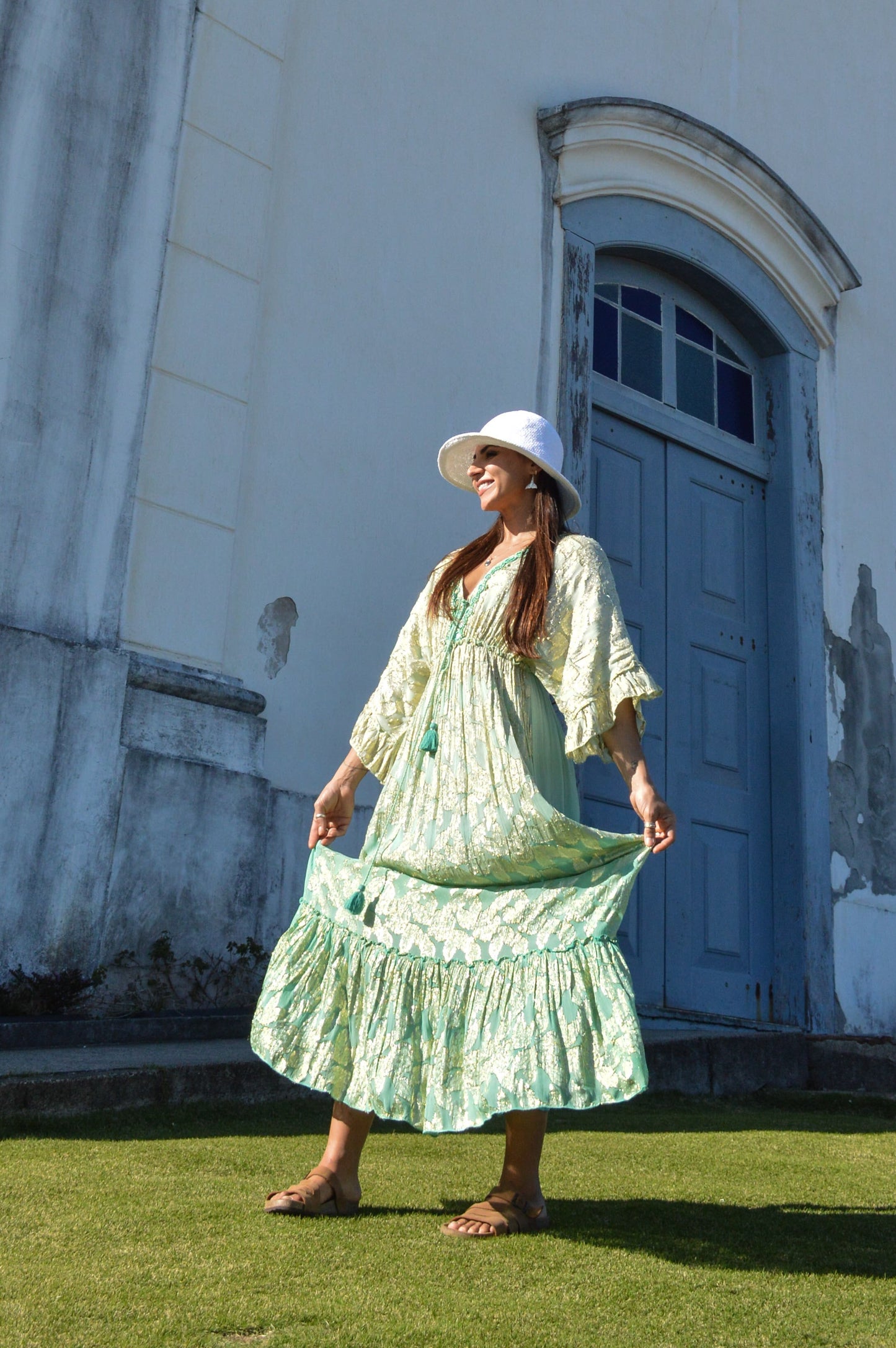 Vestido Longo Indiano Verde Água com Dourado