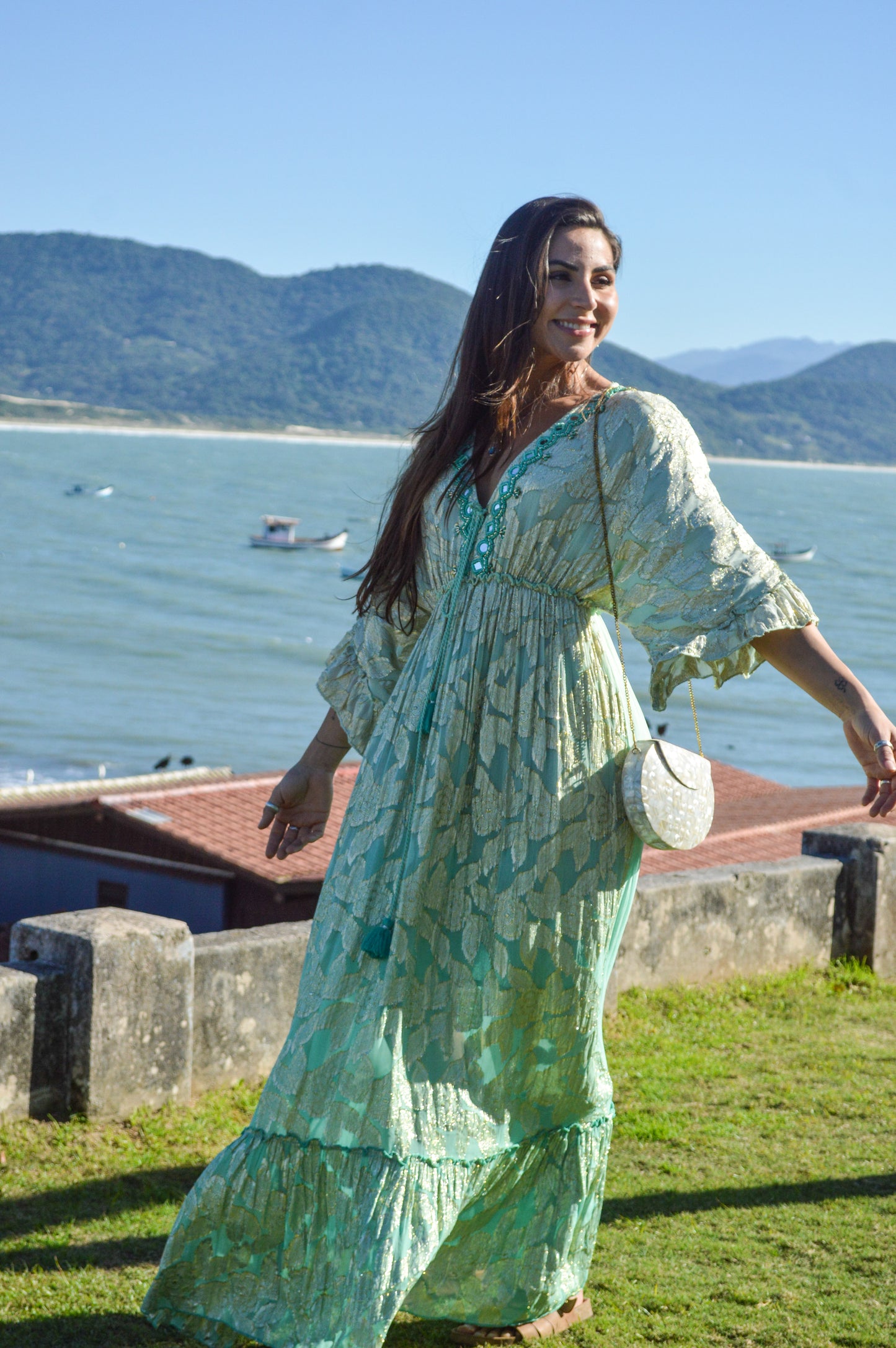 Vestido Longo Indiano Verde Água com Dourado