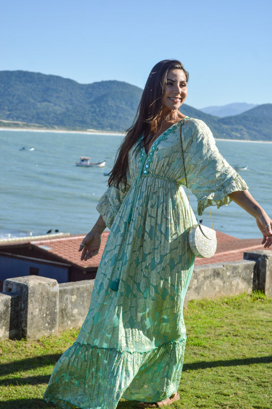 Vestido Longo Indiano Verde Água com Dourado