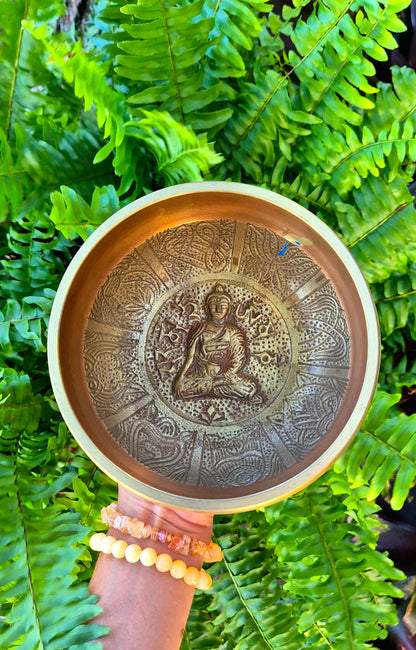 Tigela Tibetana G Laranja com Mantras e Buda Gravados