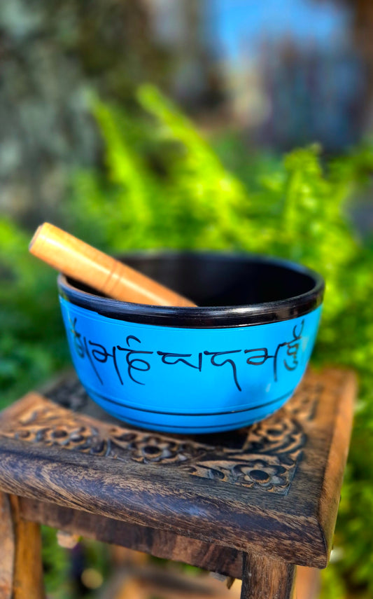 Tigela Tibetana G Azul com Mantras e Buda Gravados