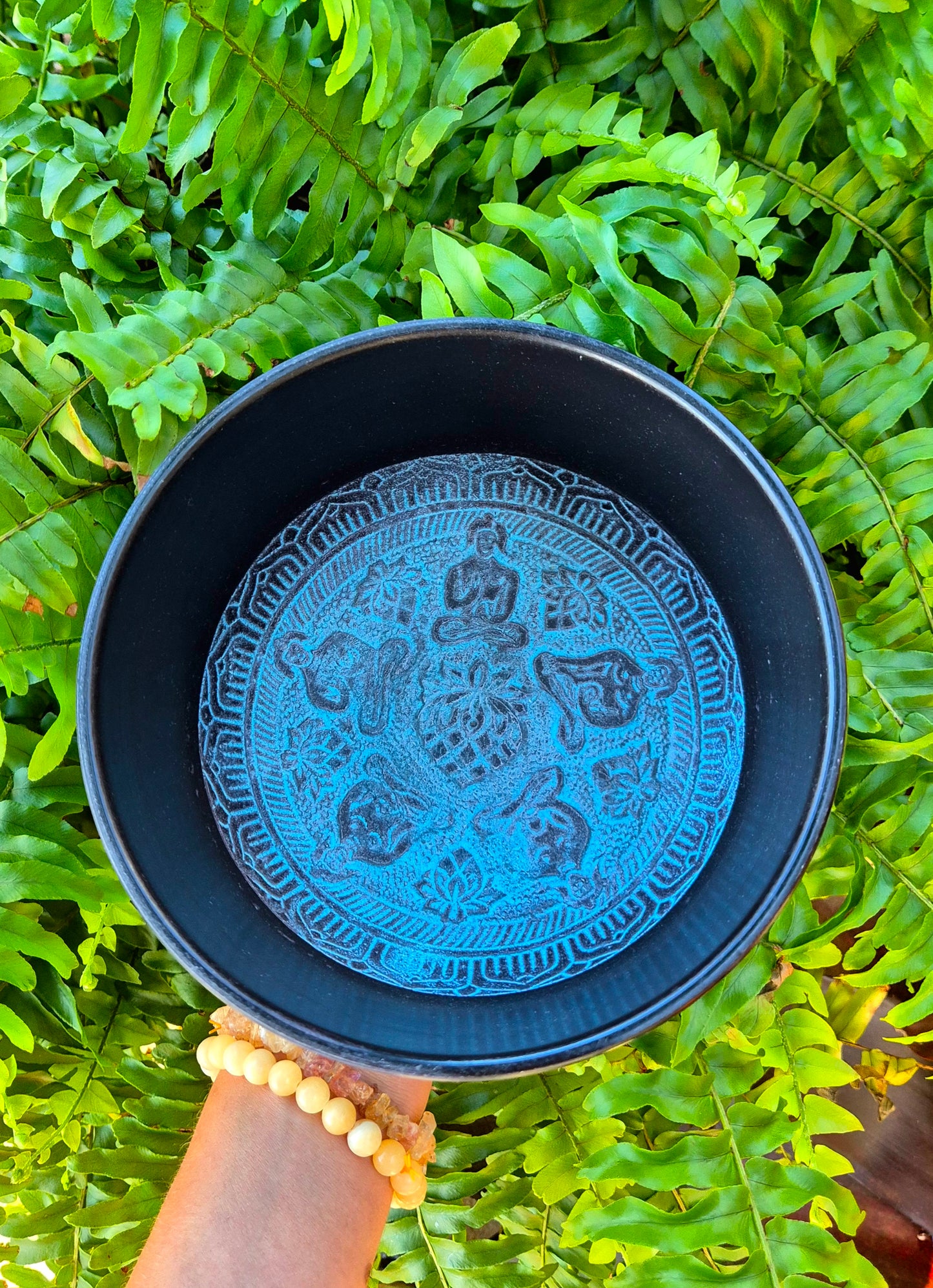 Tigela Tibetana G Azul com Mantras e Buda Gravados