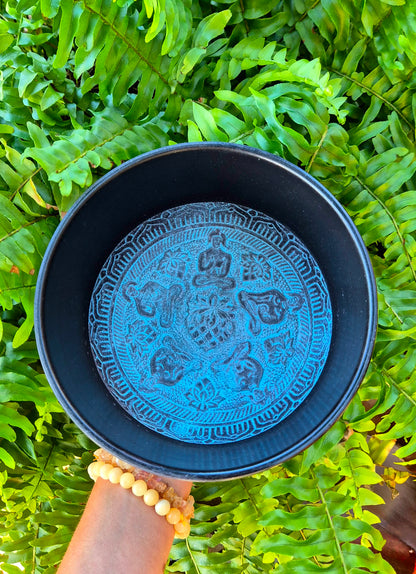 Tigela Tibetana G Azul com Mantras e Buda Gravados