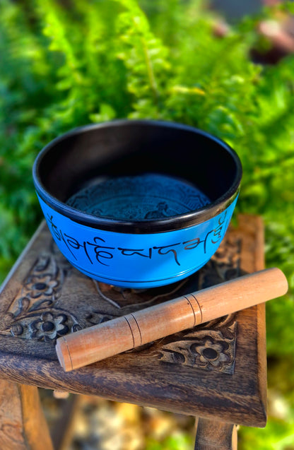 Tigela Tibetana G Azul com Mantras e Buda Gravados