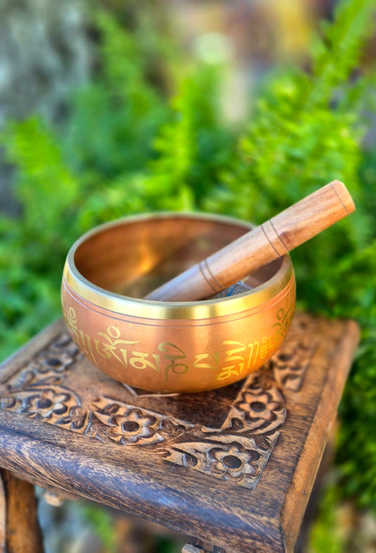 Tigela Tibetana G Laranja com Mantras e Buda Gravados
